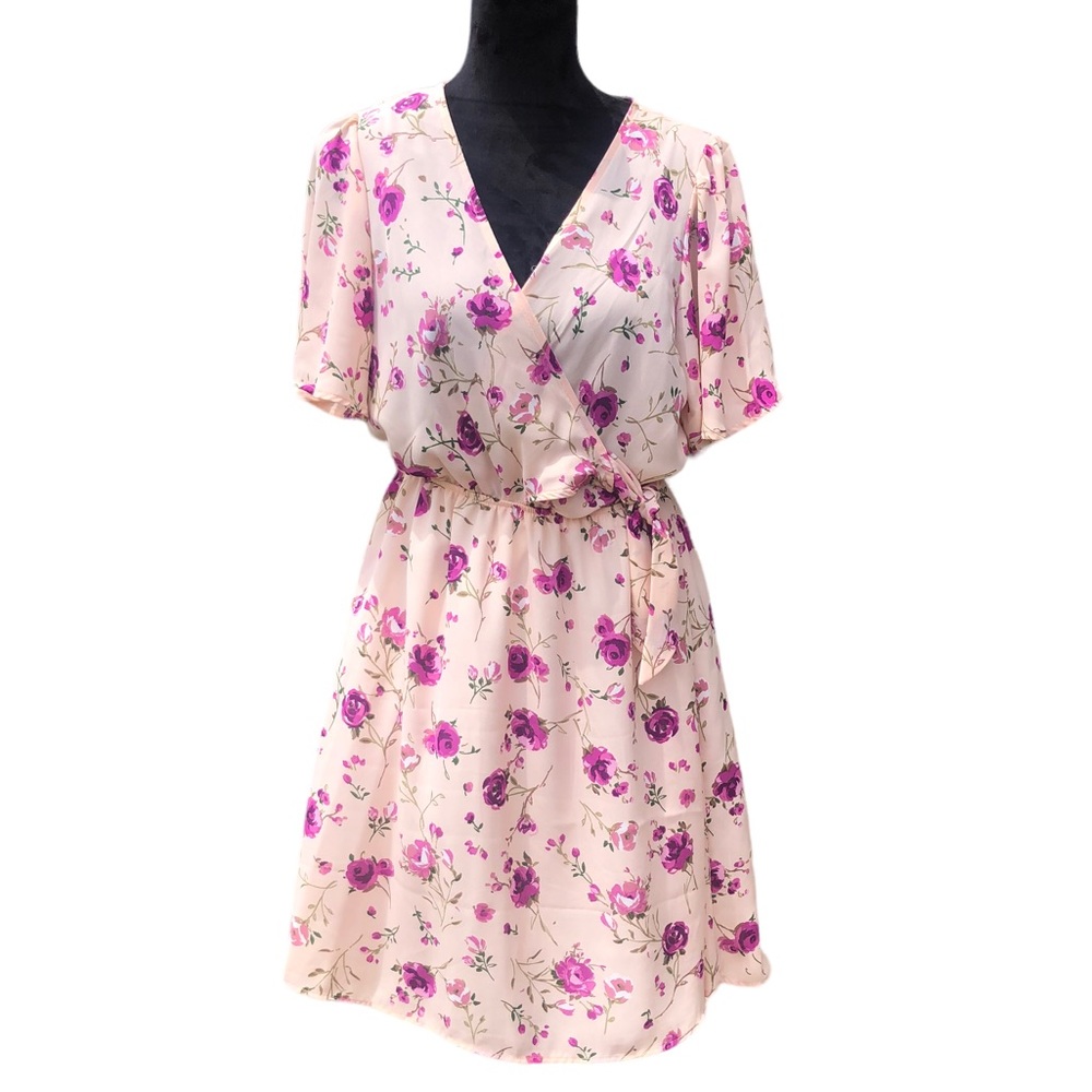 P.S. Love Pink Rose Print Tied Waist Dress size Large